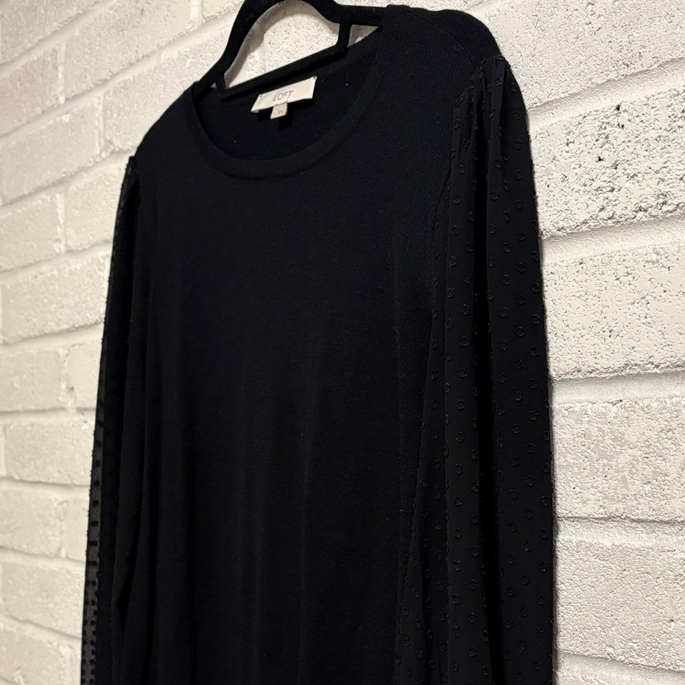 LOFT Black Crew Neck Sweater with Polka Dot Sleeves